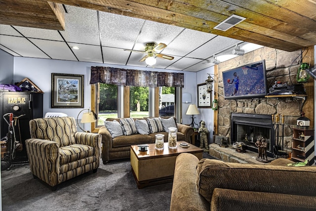 424 Woodcrest Pl, Lexington, KY 40517 - living room featuring carpet flooring, a ceiling fan, and a fireplace