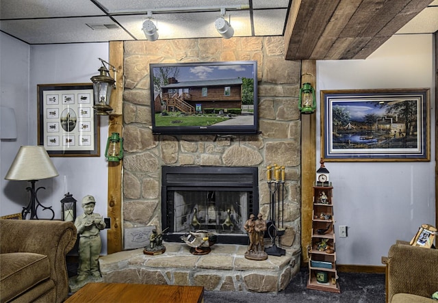 424 Woodcrest Pl, Lexington, KY 40517 - living area featuring carpet floors and a stone fireplace