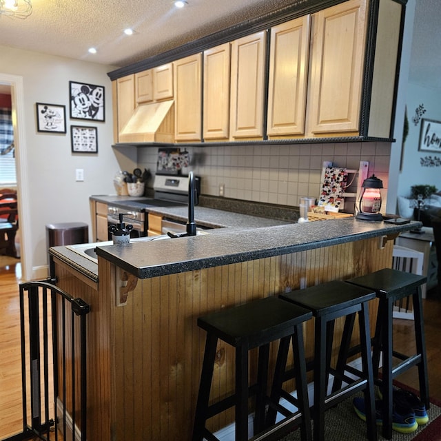462 New Shiner Hill Rd, Williamsburg, KY 40769 - kitchen featuring custom exhaust hood, stainless steel range with electric cooktop, tasteful backsplash, dark countertops, and recessed lighting