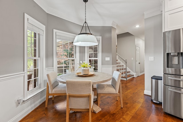 1342 Sugar Maple Ln, Lexington, KY 40511 - dining space with stairway, crown molding, dark wood-type flooring, recessed lighting, and baseboards