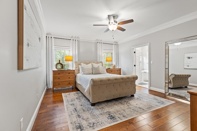 1342 Sugar Maple Ln, Lexington, KY 40511 - bedroom with ornamental molding, dark wood finished floors, baseboards, ceiling fan, and ensuite bath
