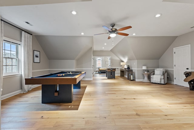 1342 Sugar Maple Ln, Lexington, KY 40511 - rec room with ceiling fan, pool table, light wood-style flooring, baseboards, and lofted ceiling