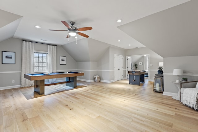 1342 Sugar Maple Ln, Lexington, KY 40511 - game room with vaulted ceiling, pool table, ceiling fan, light wood-style flooring, and baseboards