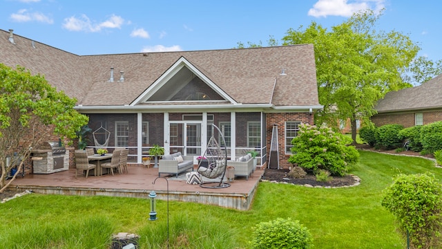 1342 Sugar Maple Ln, Lexington, KY 40511 - rear view of house with an outdoor living space, a lawn, brick siding, a sunroom, and roof with shingles