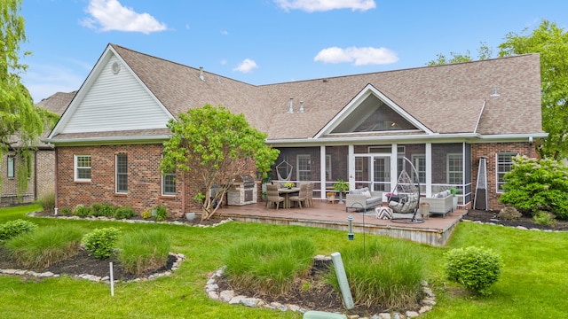 1342 Sugar Maple Ln, Lexington, KY 40511 - rear view of house with brick siding, a sunroom, a yard, and roof with shingles
