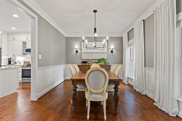 1342 Sugar Maple Ln, Lexington, KY 40511 - dining space with a chandelier, ornamental molding, dark wood-style flooring, recessed lighting, and wainscoting