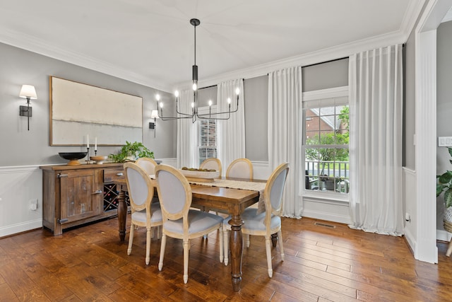 1342 Sugar Maple Ln, Lexington, KY 40511 - dining room featuring ornamental molding, dark wood-style floors, a wainscoted wall, and a chandelier