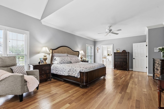 2221 Broadhead Pl, Lexington, KY 40515 - bedroom with wood finished floors, ornamental molding, ensuite bath, ceiling fan, and baseboards