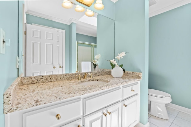 2221 Broadhead Pl, Lexington, KY 40515 - full bath with tile patterned floors, toilet, ornamental molding, vanity, and a shower with shower door