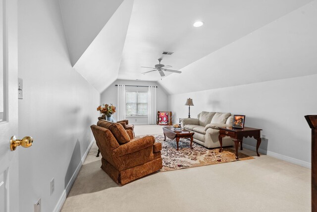 2221 Broadhead Pl, Lexington, KY 40515 - carpeted living area with lofted ceiling, baseboards, and a ceiling fan