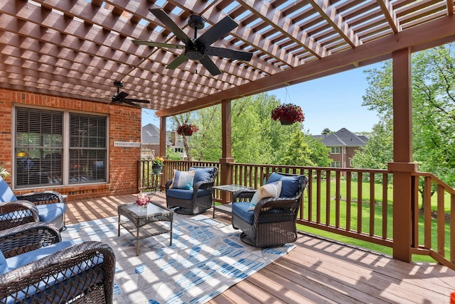 2221 Broadhead Pl, Lexington, KY 40515 - deck featuring an outdoor hangout area, a ceiling fan, a pergola, and a lawn