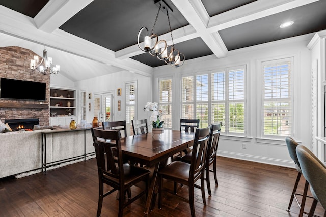 6031 Old S Dr, Richmond, KY 40475 - dining room with a chandelier, beam ceiling, a fireplace, dark wood finished floors, and coffered ceiling