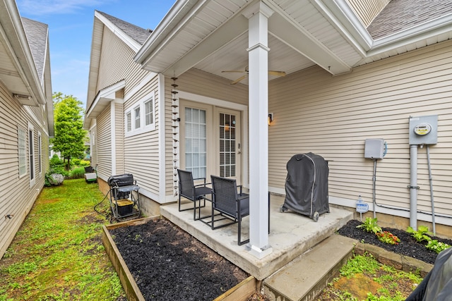 view of patio / terrace with ceiling fan and grilling area