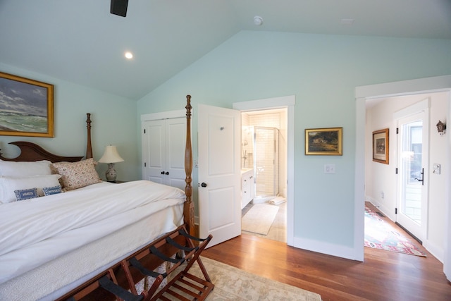 215 Bradley Ln, Lexington, KY 40511 - bedroom featuring wood finished floors, a closet, high vaulted ceiling, ensuite bathroom, and a ceiling fan