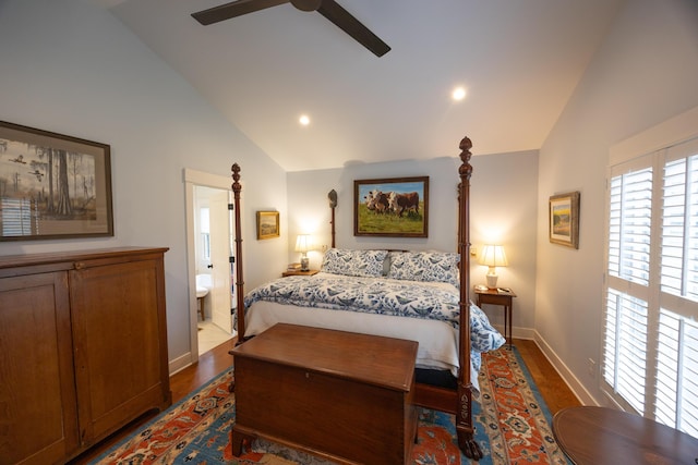 215 Bradley Ln, Lexington, KY 40511 - bedroom with dark wood-type flooring, high vaulted ceiling, baseboards, recessed lighting, and ensuite bath
