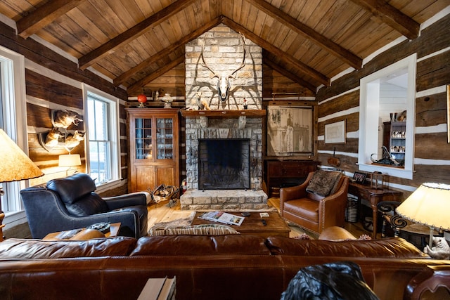 215 Bradley Ln, Lexington, KY 40511 - living room with wooden walls, wood finished floors, wood ceiling with exposed beams, a fireplace, and high vaulted ceiling