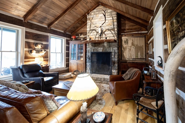 215 Bradley Ln, Lexington, KY 40511 - living area featuring wood finished floors, a fireplace, wooden ceiling, and wooden walls