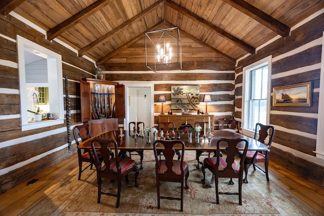 215 Bradley Ln, Lexington, KY 40511 - dining room with hardwood / wood-style flooring, wooden walls, wood ceiling, and a chandelier