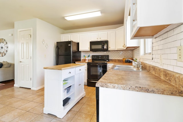 35 Prewitt Place Dr, Somerset, KY 42503 - kitchen with black appliances, open shelves, a sink, light tile patterned flooring, and decorative backsplash
