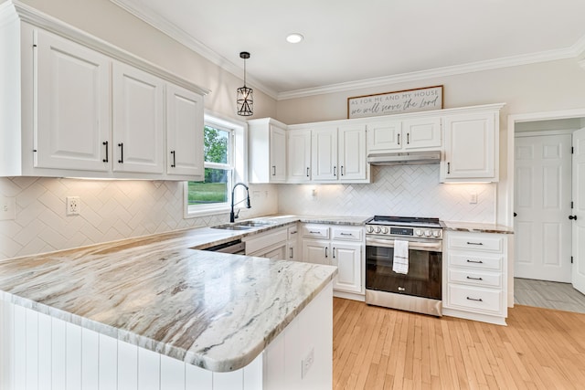 9118 Harrodsburg Rd, Wilmore, KY 40390 - kitchen with stainless steel electric range oven, under cabinet range hood, a peninsula, white cabinets, and a sink