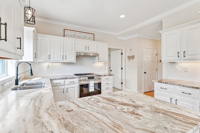 9118 Harrodsburg Rd, Wilmore, KY 40390 - kitchen with electric range, a sink, under cabinet range hood, light stone countertops, and white cabinetry
