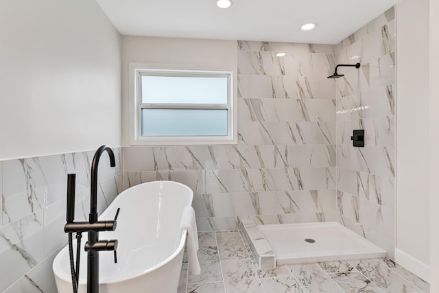 9118 Harrodsburg Rd, Wilmore, KY 40390 - full bath with tile walls, a freestanding bath, tiled shower, recessed lighting, and marble finish flooring