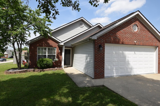 single story home featuring brick siding, a garage, asphalt driveway, and a front lawn