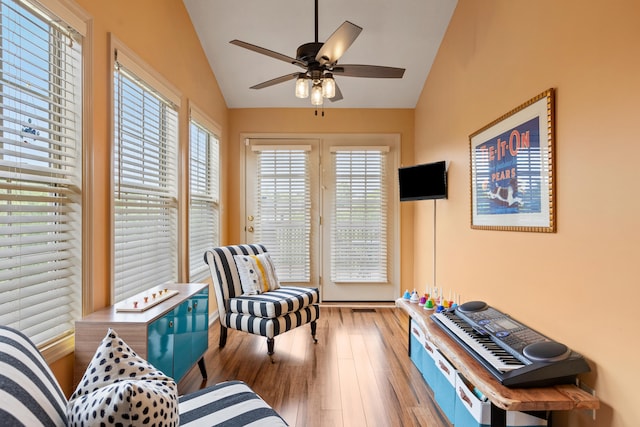 829 Lauderdale Dr, Lexington, KY 40515 - sitting room with vaulted ceiling, ceiling fan, wood finished floors, and plenty of natural light