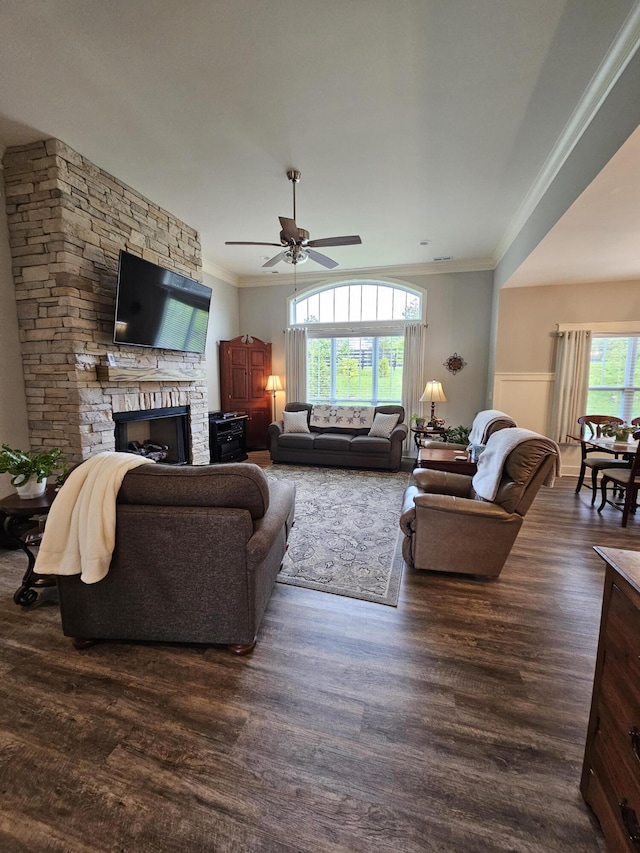 229 Old Station Rd, Frankfort, KY 40601 - living area with crown molding, a ceiling fan, wood finished floors, and a stone fireplace