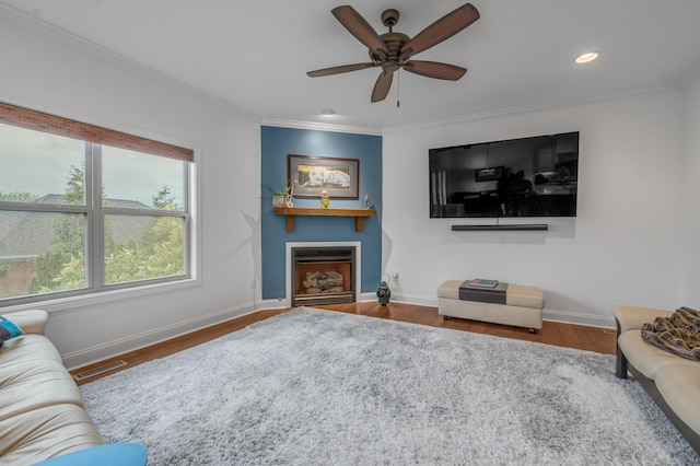living room with healthy amount of natural light, ornamental molding, baseboards, a fireplace, and wood finished floors