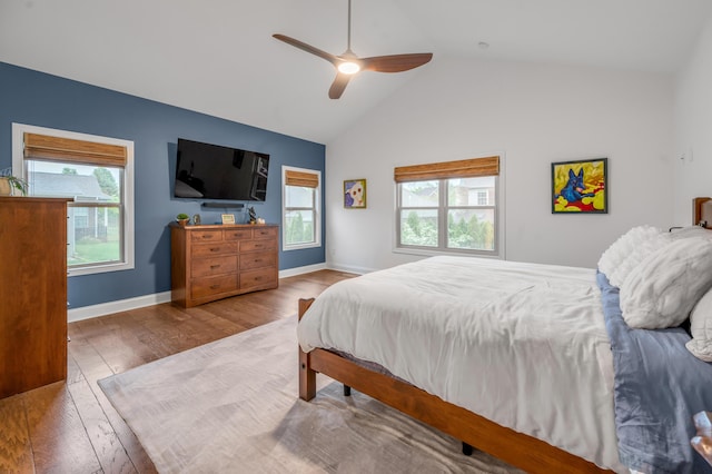 3876 Leighton Ln, Lexington, KY 40515 - bedroom with multiple windows, wood finished floors, high vaulted ceiling, baseboards, and ceiling fan