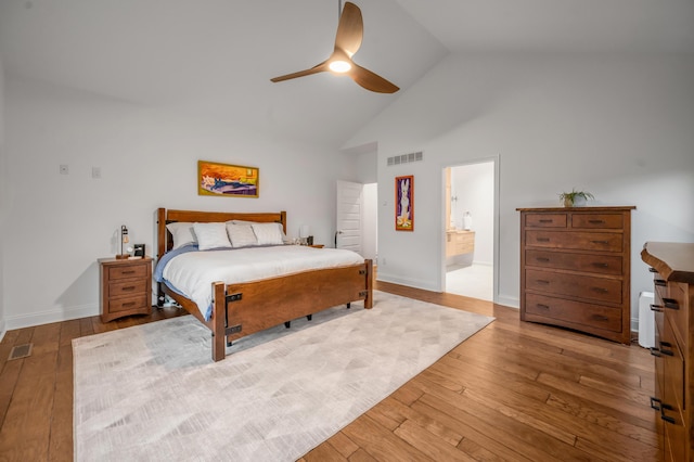 3876 Leighton Ln, Lexington, KY 40515 - bedroom featuring high vaulted ceiling, light wood-style flooring, baseboards, ceiling fan, and ensuite bathroom