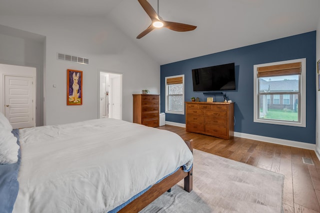 3876 Leighton Ln, Lexington, KY 40515 - bedroom featuring wood-type flooring, high vaulted ceiling, baseboards, and ceiling fan