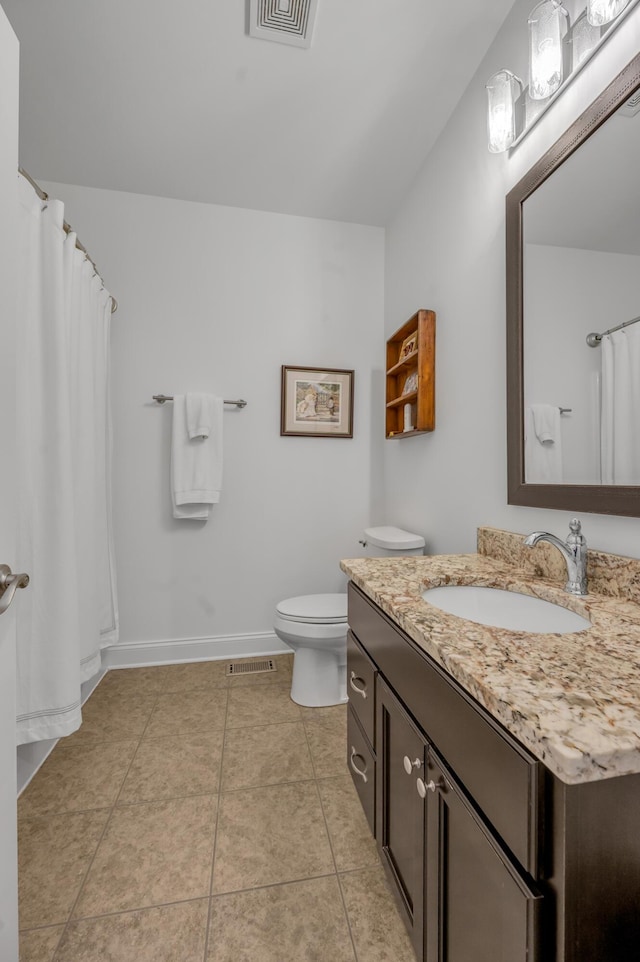 full bath with vanity, tile patterned flooring, toilet, baseboards, and curtained shower