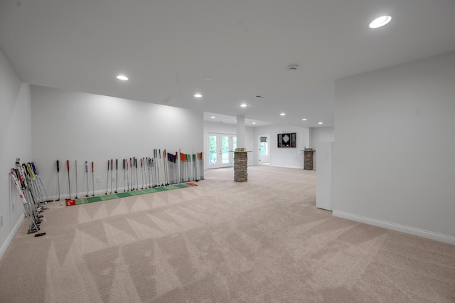unfurnished room featuring carpet floors, baseboards, recessed lighting, and a smoke detector