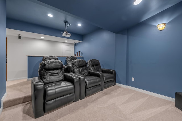 cinema with carpet, recessed lighting, and baseboards
