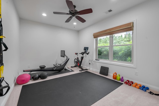 exercise room with baseboards, carpet floors, a ceiling fan, and recessed lighting