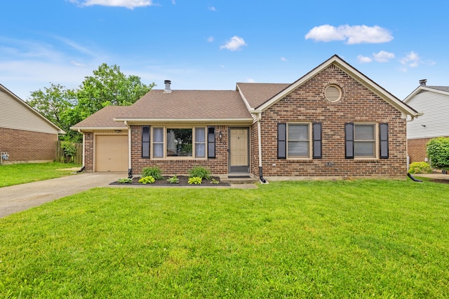 120 Chestnut Ln, Versailles, KY 40383 - ranch-style house featuring driveway, brick siding, a front yard, and a garage