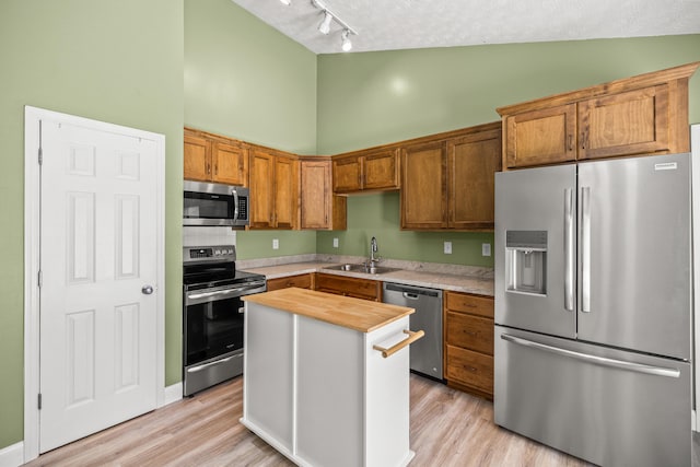 120 Chestnut Ln, Versailles, KY 40383 - kitchen featuring stainless steel appliances, high vaulted ceiling, a sink, rail lighting, and light wood-style floors