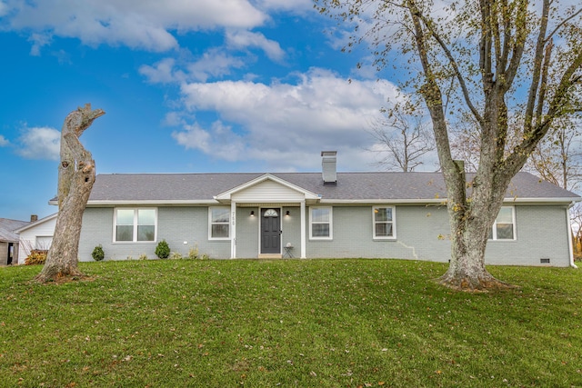 755 Keenon Rd, Harrodsburg, KY 40330 - ranch-style house featuring brick siding, a front lawn, a chimney, and roof with shingles
