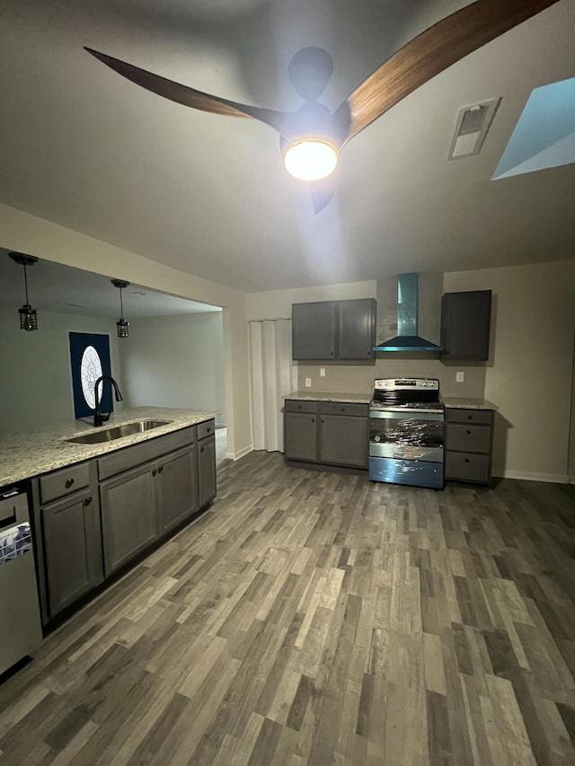 2789 Steadmantown Ln, Frankfort, KY 40601 - kitchen featuring electric stove, wall chimney exhaust hood, a sink, and gray cabinets