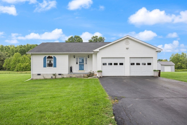 209 Brook Dr, Jeffersonville, KY 40337 - ranch-style home with a garage, asphalt driveway, a front yard, and a shingled roof