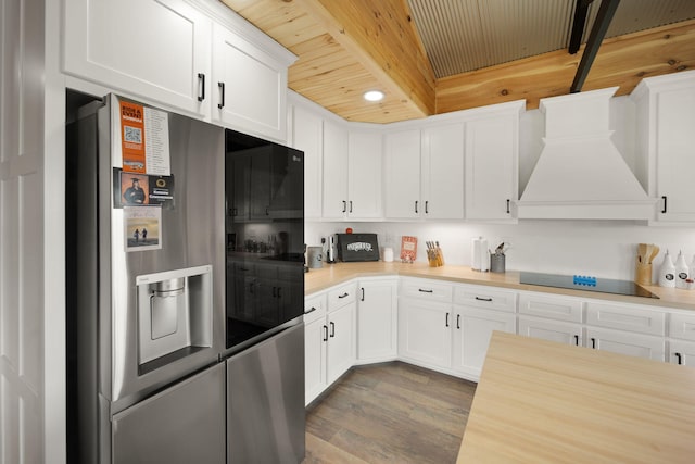 61 Cumberland Cv, Nancy, KY 42544 - kitchen with stainless steel refrigerator with ice dispenser, black electric stovetop, premium range hood, wood finished floors, and wooden ceiling with exposed beams