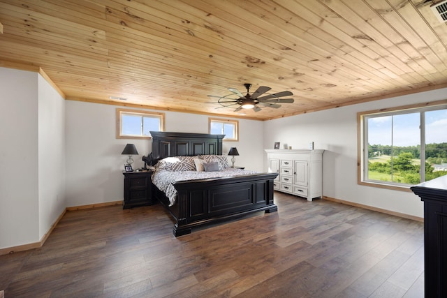 61 Cumberland Cv, Nancy, KY 42544 - bedroom featuring wooden ceiling, baseboards, ornamental molding, dark wood-style floors, and ceiling fan