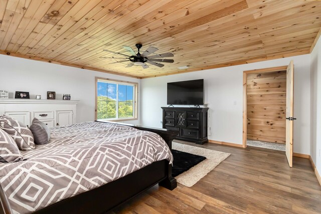 61 Cumberland Cv, Nancy, KY 42544 - bedroom featuring baseboards, wood finished floors, wood ceiling, and ceiling fan