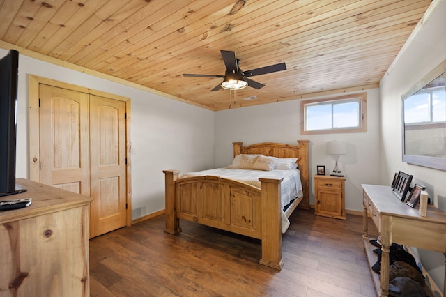 61 Cumberland Cv, Nancy, KY 42544 - bedroom with wood ceiling, dark wood-style floors, ceiling fan, and baseboards