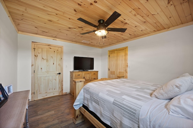 61 Cumberland Cv, Nancy, KY 42544 - bedroom featuring wood ceiling, dark wood finished floors, a ceiling fan, and crown molding