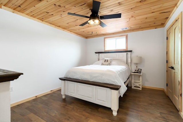 61 Cumberland Cv, Nancy, KY 42544 - bedroom with wooden ceiling, baseboards, dark wood-type flooring, and a ceiling fan