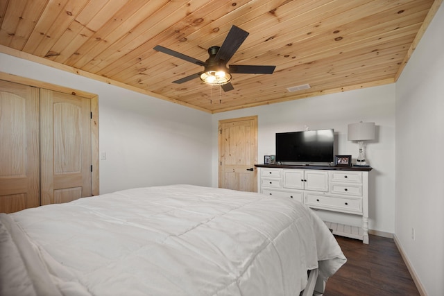 61 Cumberland Cv, Nancy, KY 42544 - bedroom featuring wood ceiling, dark wood-style floors, baseboards, and a ceiling fan