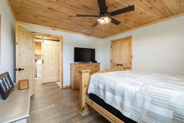 61 Cumberland Cv, Nancy, KY 42544 - bedroom featuring wood finished floors, wood ceiling, washer / clothes dryer, and ceiling fan